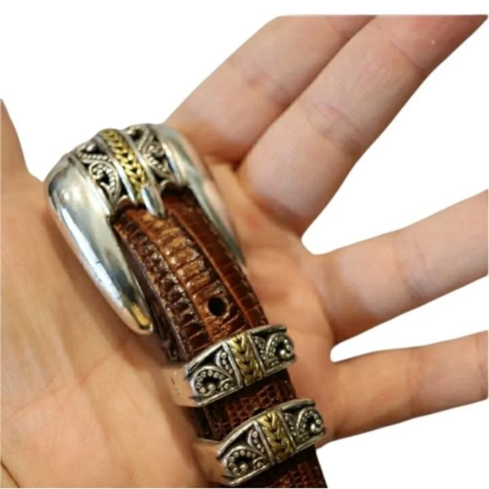 Arden Leather Lizard Embossed Calfskin Belt Brown, Silver hardware size Large
